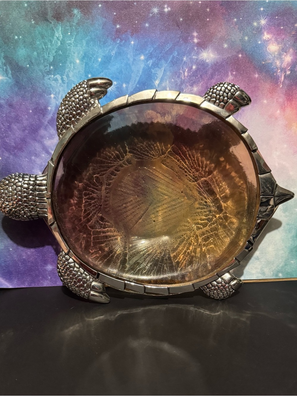 Silver Turtle-Shaped Trinket Dish with Amber Color Glass Bowl